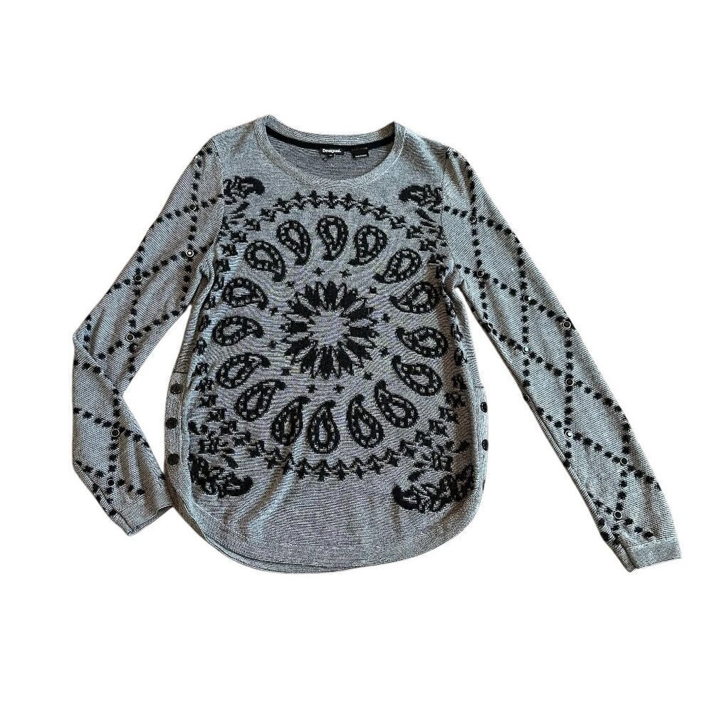 Desigual Grey Pullover Sweater Bohemian Print Stud Stretch Wool Blend Sz Medium